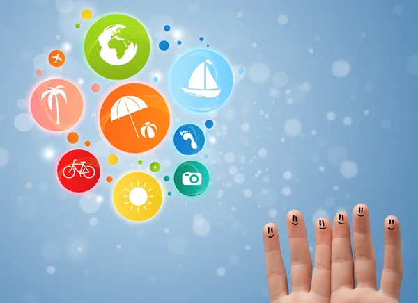 Cheerful finger smileys with colorful holiday travel bubble icon — Stock Photo, Image