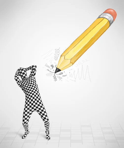 Guy in body mask with a big hand drawn pencil — Stock Photo, Image