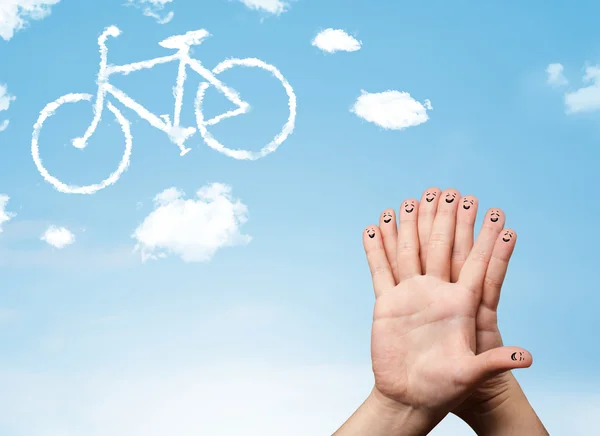 Felice smiley dita guardando un bicicletta shapeed nuvola — Foto Stock