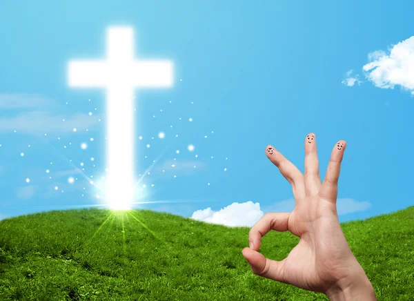 Happy finger smileys with christian religion cross — Stock Photo, Image