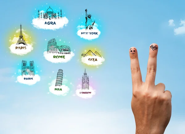 Cheerful finger smileys with sightseeing landmarks icons — Stock Photo, Image