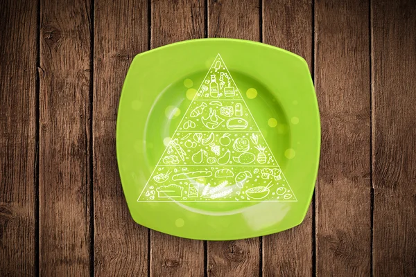 Hand drawn food pyramid on colorful dish plate — Stock Photo, Image