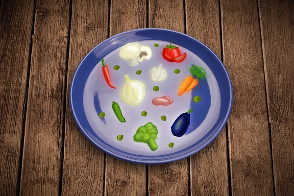 Assiette colorée avec icônes dessinées à la main, symboles, légumes et fr — Photo
