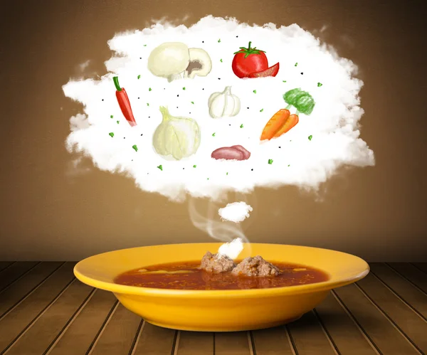 Bowl soup with vegetable ingredients illustration in cloud — Stock Photo, Image