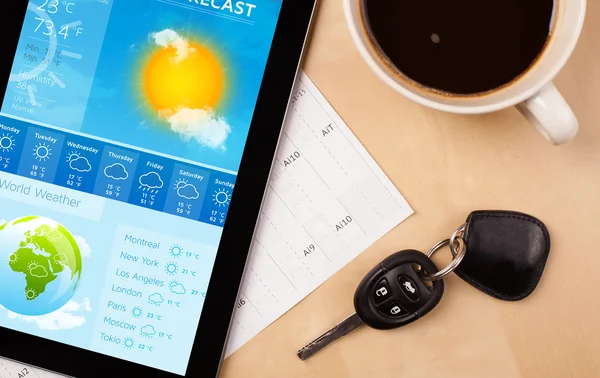 タブレット pc のコーヒーのカップと画面に天気予報を表示 — ストック写真