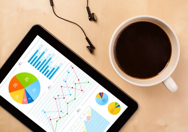 Tablet pc shows charts on screen with a cup of coffee on a desk — Stock Photo, Image