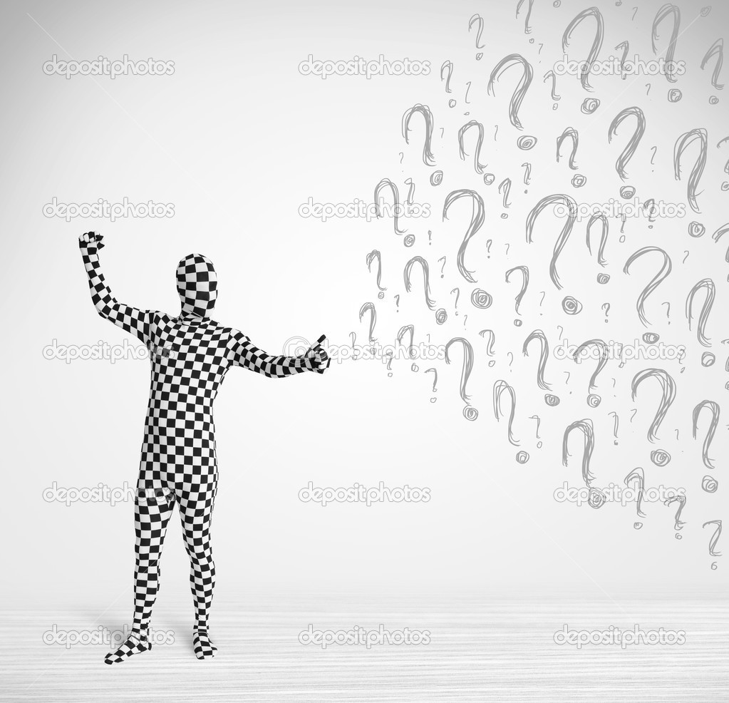 3d human character is body suit looking at hand drawn question m