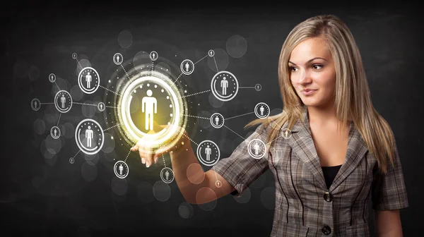 Modern businesswoman touching future technology social network b — Stock Photo, Image