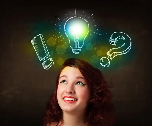 Young preety teenager with hand drawn light bulb illustration — Stock Photo, Image