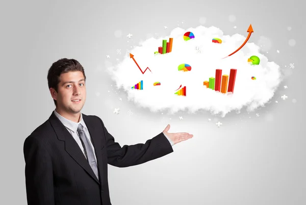 Young man presenting cloud with graphs and charts — Stock Photo, Image