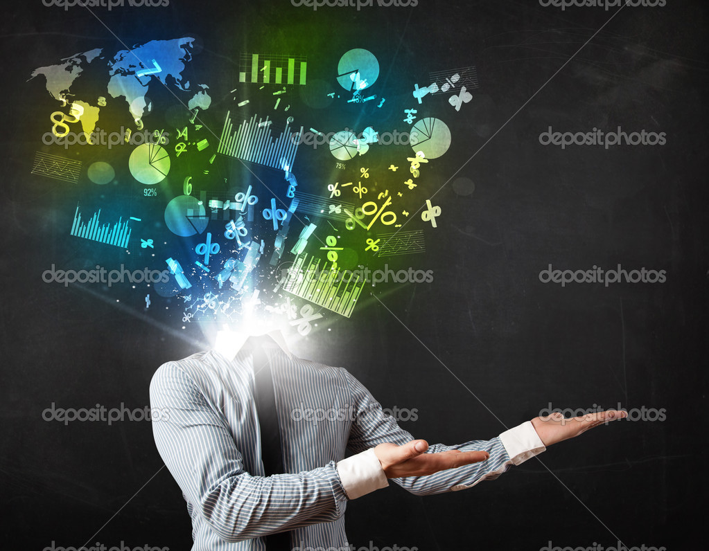 Business man in suit with graph and charts exploding from his bo ...