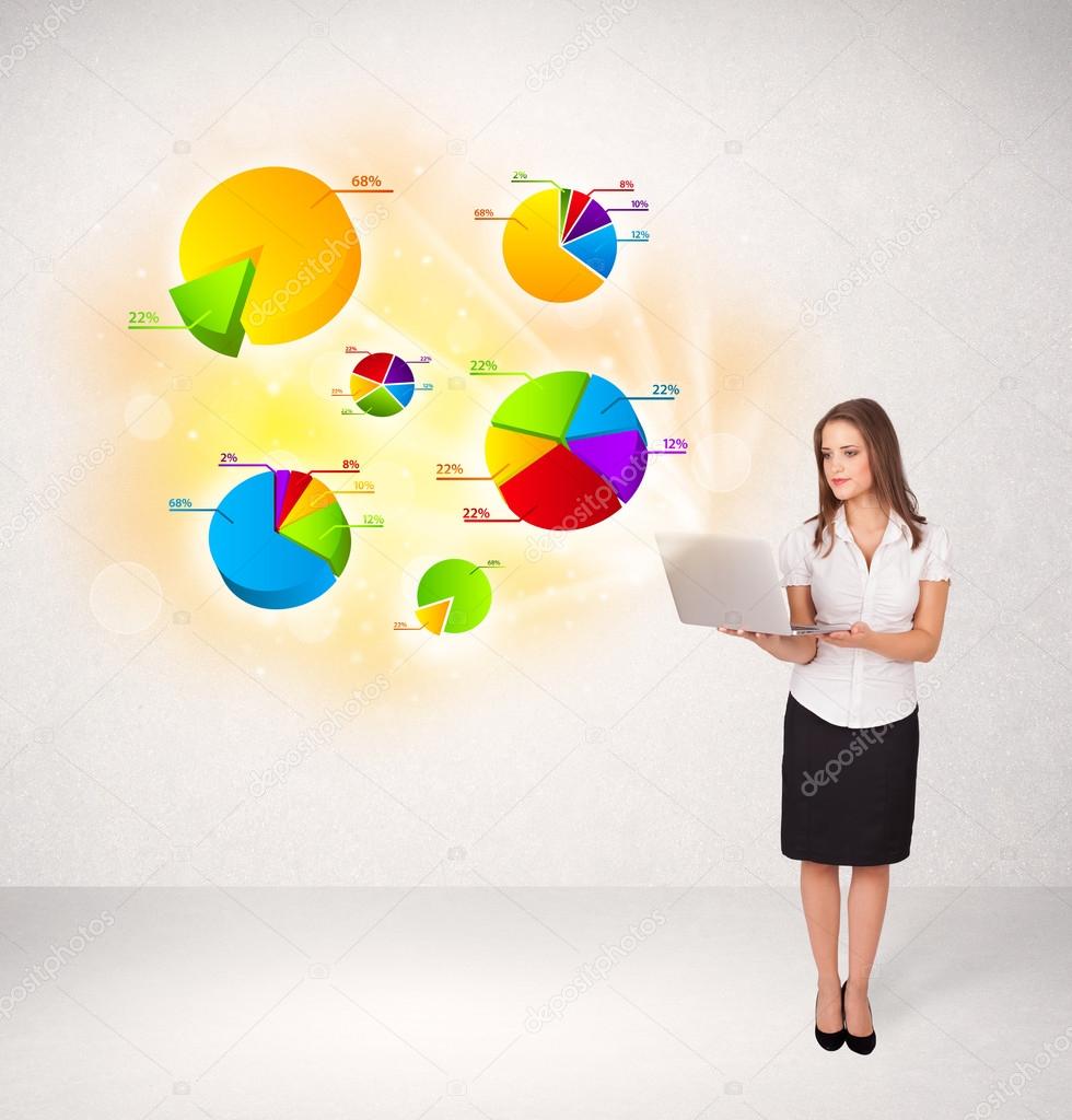 Business woman with colorful graphs and charts