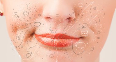 güzel kadın ağzı üfleme elle çizilmiş simgeler ve semboller