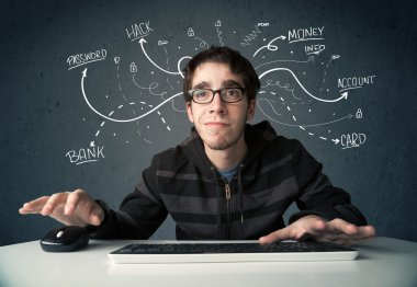 Beyaz çizgili düşünceleri olan genç bir hacker.