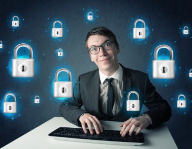 sanal kilit simgeleri ve simge ile genç hacker