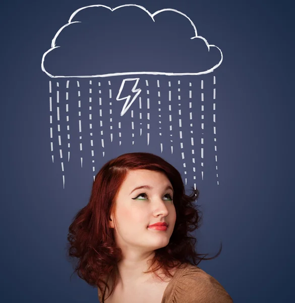 Young woman with thundercloud above her head — Stock Photo, Image