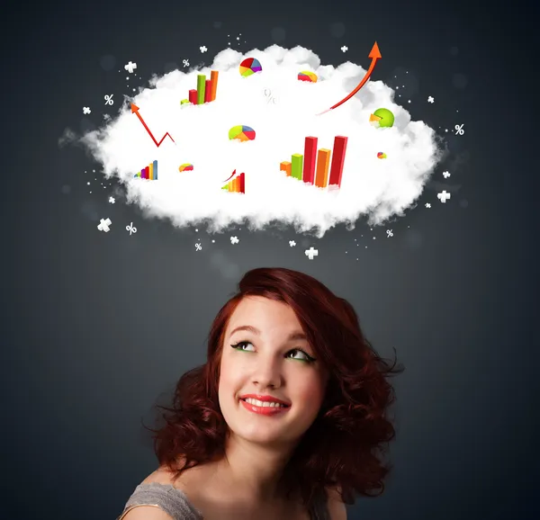 Jonge vrouw met cloud en grafieken concept gebaren — Stockfoto