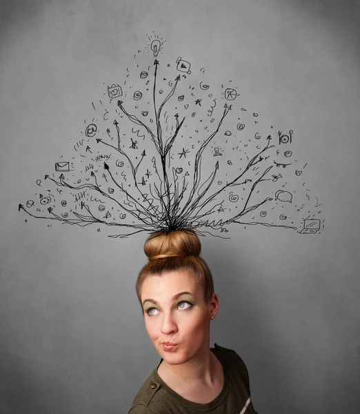 Young woman with tangled lines coming out of her head — Stock Photo, Image