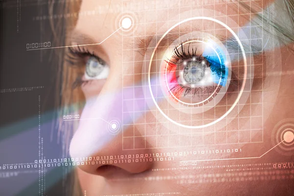 Cyber woman with technolgy eye looking — Stock Photo, Image