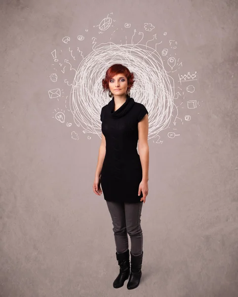 Pretty young girl with abstract circular doodle lines and icons — Stock Photo, Image