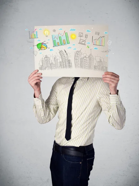 Affärsman som håller ett papper med diagram och stadsbilden i front o — Stockfoto