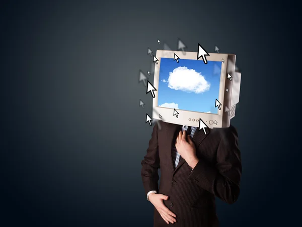 Uomo d'affari con un monitor in testa, sistema cloud e punta — Foto Stock