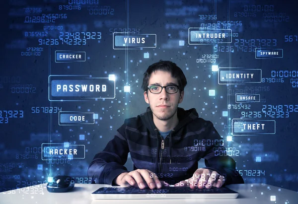 Hacker programing in technology enviroment with cyber icons — Stock Photo, Image