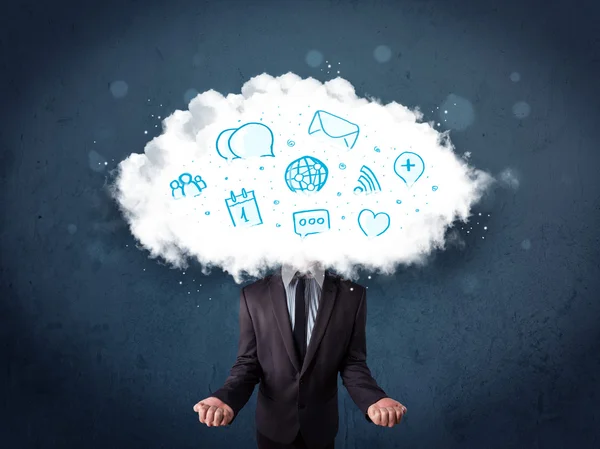 Man in pak met wolk kop en blauwe pictogrammen — Stockfoto