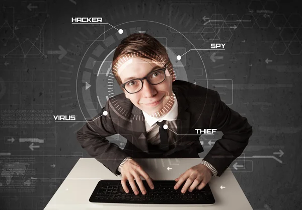 Young hacker in futuristic enviroment hacking personal informati — Stock Photo, Image