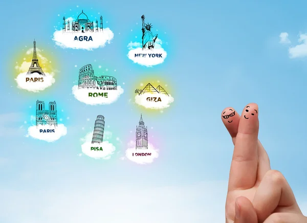 Cheerful finger smileys with sightseeing landmarks icons — Stock Photo, Image