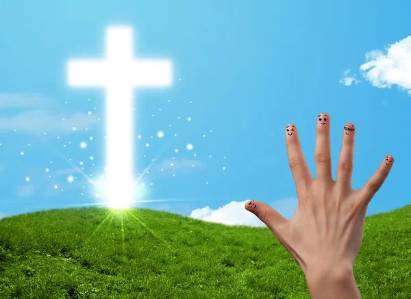 Happy finger smileys with christian religion cross — Stock Photo, Image