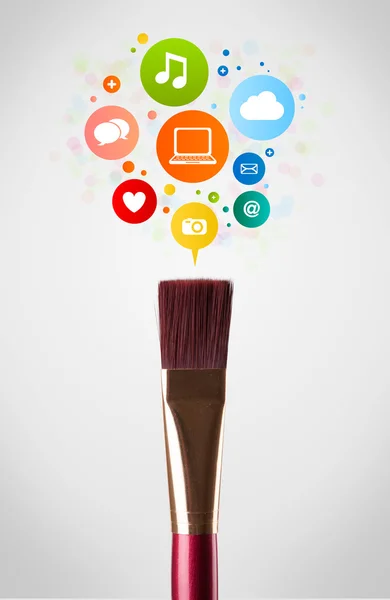 Brush close-up with social network icons — Stock Photo, Image