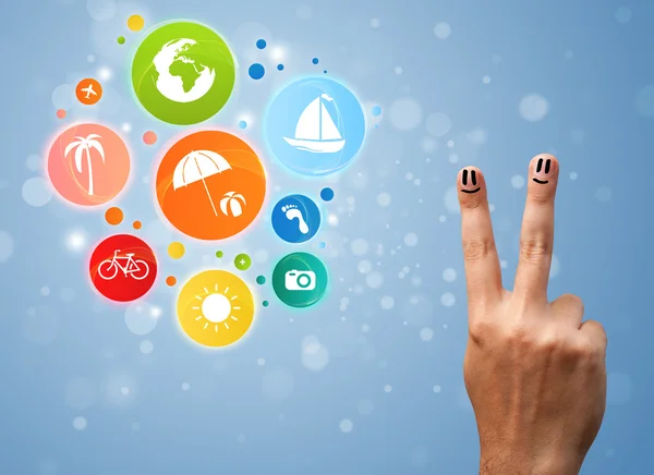 Cheerful finger smileys with colorful holiday travel bubble icon — Stock Photo, Image