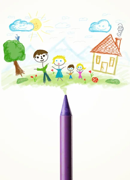 Lápis close-up com um desenho de uma família — Fotografia de Stock