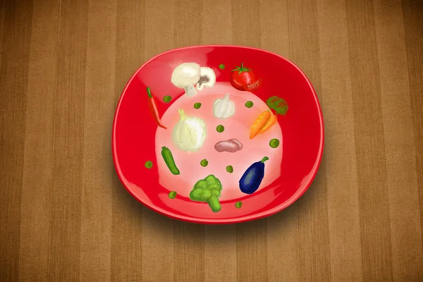 Барвиста тарілка з намальованими руками іконками, символами, овочами і фр — стокове фото