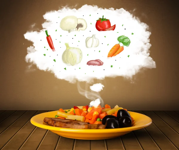 Placa de comida con ingredientes vegetales ilustración en nube — Foto de Stock