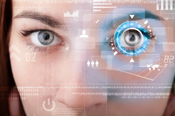 Toekomstige vrouw met cyber technologie oog deelvenster concept — Stockfoto