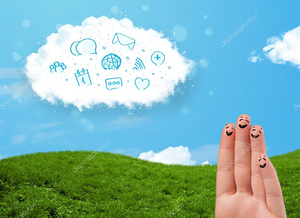 Happy smiley fingers looking at cloud with blue social icons and