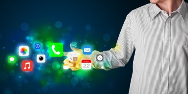 yakışıklı işadamı renkli mobil app simgeleri bok ile basarak