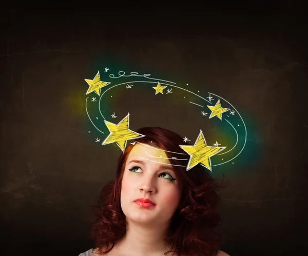 Girl with yellow stars circleing around her head illustration — Stock Photo, Image