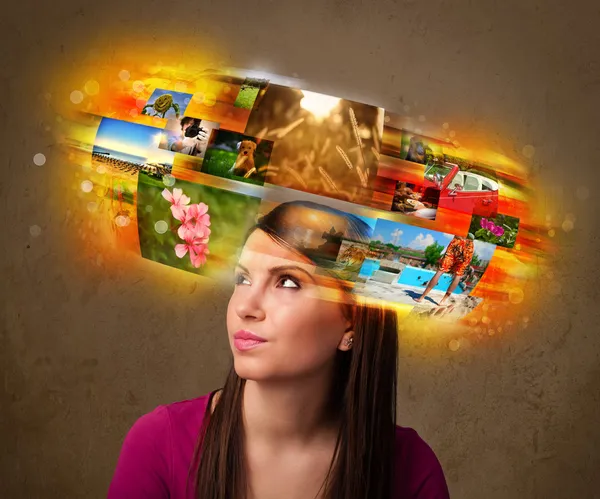 Girl with colorful glowing photo memories concept — Stock Photo, Image