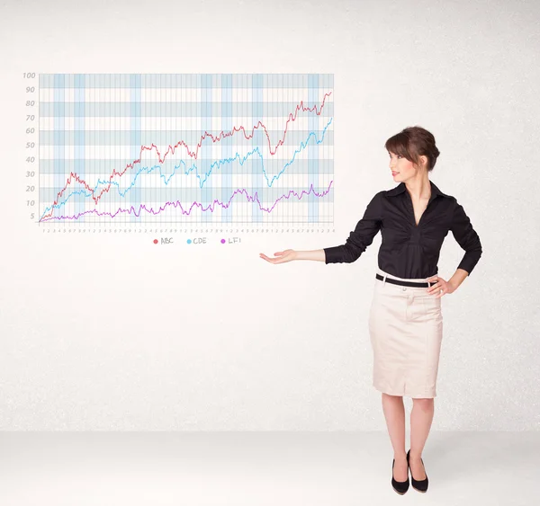 Unga affärskvinna som presenterar aktiemarknadsdiagram — Stockfoto