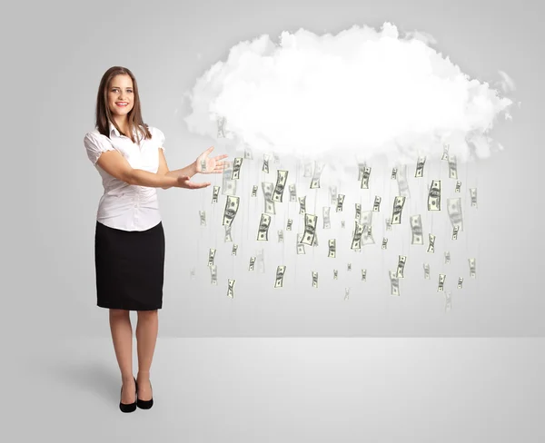 Woman with cloud and money rain concept — Stock Photo, Image