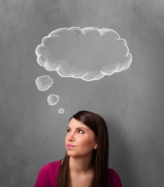 düşünceli kadın başının üstünde bulut ile