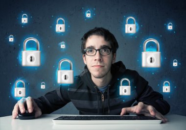 sanal kilit simgeleri ve simge ile genç hacker