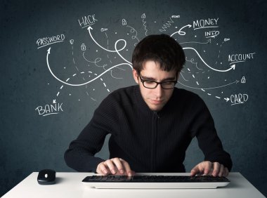 Beyaz çizgili düşünceleri olan genç bir hacker.