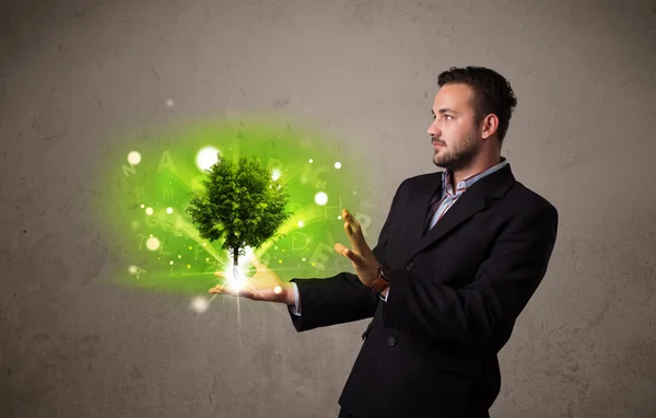 Árbol brillante creciendo en la mano de un hombre de negocios —  Fotos de Stock