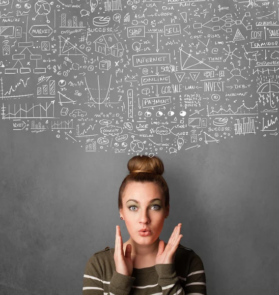 Young woman gesturing with sketched charts above her head — Stock Photo, Image