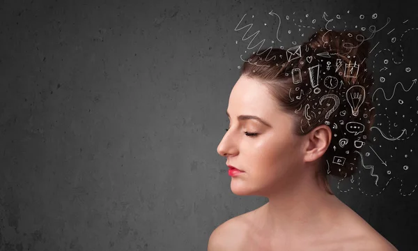 Young girl thinking with abstract icons on her head — Stock Photo, Image