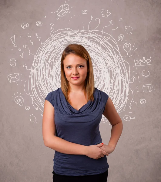 Bella ragazza con astratte linee circolari scarabocchiare e icone — Foto Stock